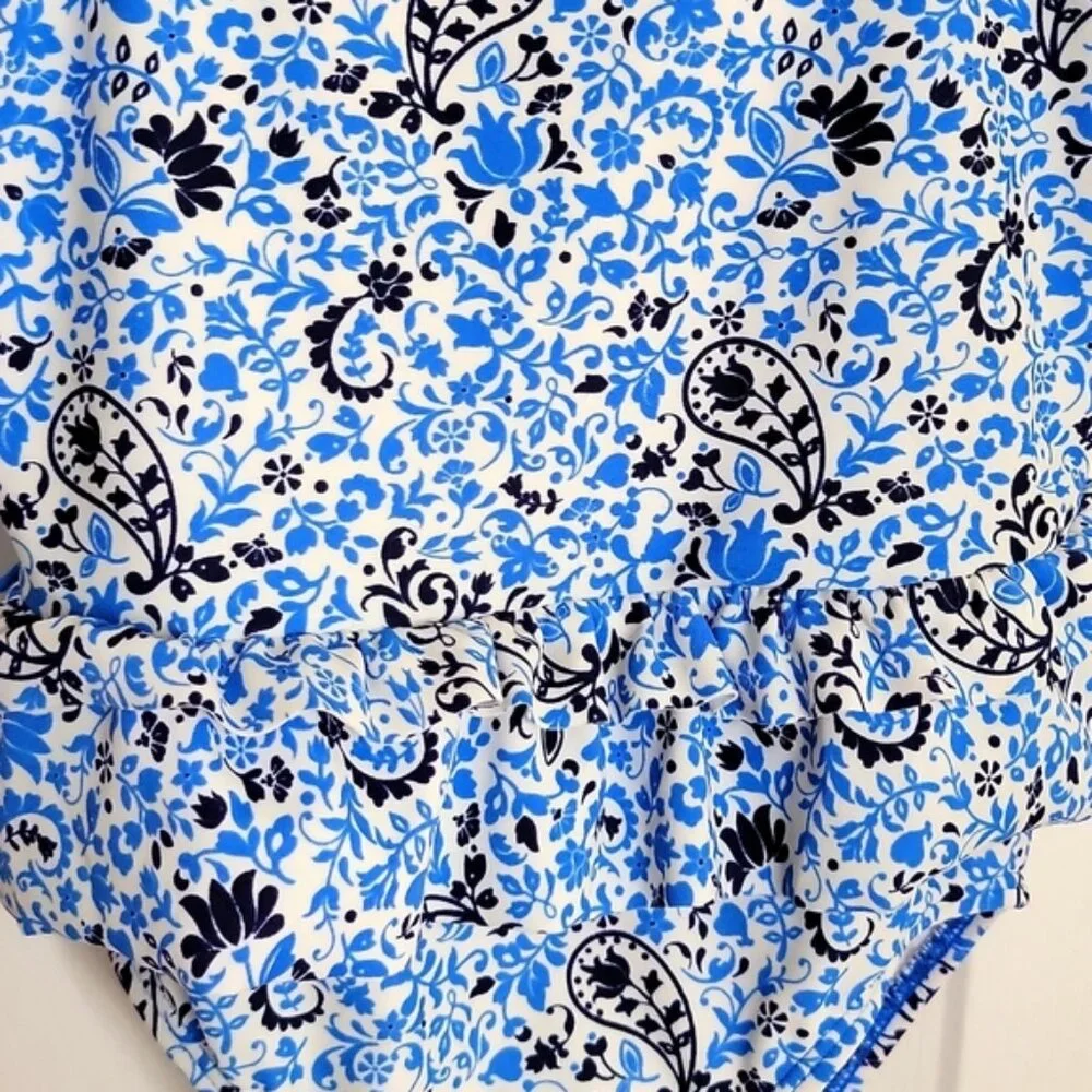 Circo Girls One Piece Swimsuit Paisley Floral Ruffle Top Blue White Size 5T